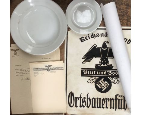 Collection of Reproduction German WW2 ceramic bowls, posters, metal sign and paperwork.