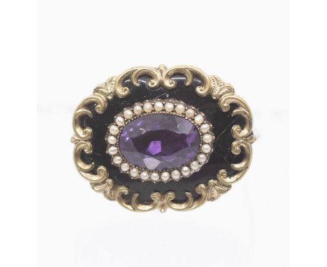 A Victorian amethyst and seed pearl gilt metal mourning brooch, with overlaid  scrolled gilt decoration, length approx 35 x 2