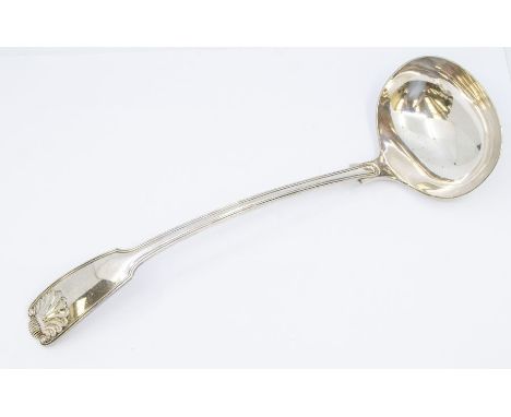 A 19th Century style Sheffield plate fiddle, thread and shell large soup ladle, stamped to reverse handle, maker SLT (1)&nbsp