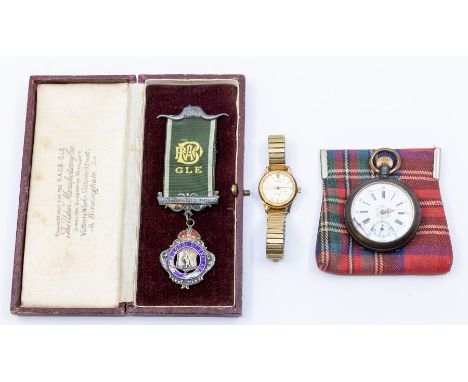 Pocketwatch, base metal and worn, a ladies Medana wristwatch and a cased RAOB medal in silver and enamel