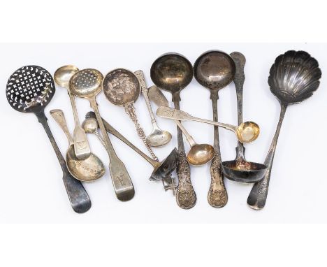 A collection of 19th Century silver spoons including mustard/condiment, sugar sifter, caddy and ladles. Various makers, dates