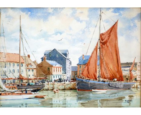R A Sweet (20th century) ?Sailing Barge, Poole?, watercolour, signed and dated ?59 lower right,  25 cm x 35 cm 