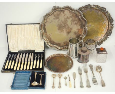 Old Sheffield plated shaped circular salver, D 35.2cm, Unity Plate salver, small salver, Atkin Brothers oval tea caddy, Art D