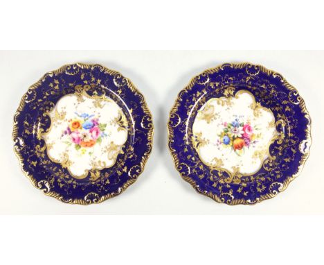 A pair of Royal Worcester Plates painted by Ernest Phillips, dated 1905 and 1909 respectively, the richly gilt cobalt blue gr