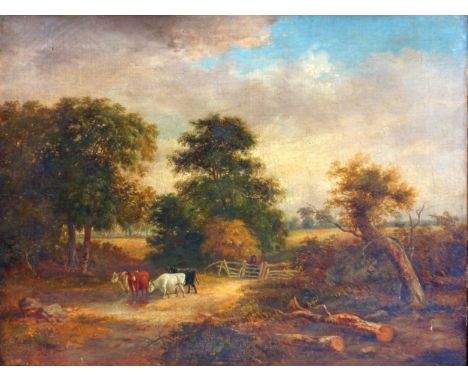 19th Century English School. Cattle taking water in a wooded landscape, a figure beside a gate looking on, oil on canvas, 56 