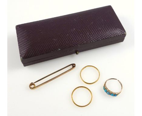 Two 22ct gold wedding rings, 3.9 grams, 9ct gold tie pin, 2.7 grams, yellow metal ring set five Turquoises (broken), gross 1.