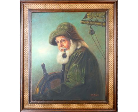 Kim Benson (20th century), an Old Sea Dog smoking a pipe at the ships wheel, oil on canvas, signed lower right, 60cm x 50cm, 