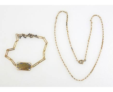Yellow metal and enamel identity bracelet inscribed ?Alice With Love From Dick?, with metal safety chain and fastener, and a 