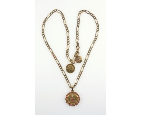 9ct. gold flat curb and oval link necklace with a yellow metal diamond and ruby set pendant ?Qu?hier Que Demain, and 2 other 