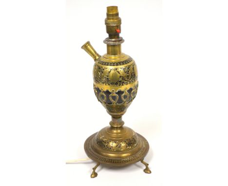 An unusual coconut shell and brass overlaid table lamp converted from a Hubbah/Shisha pipe (?) decorated with birds and Easte