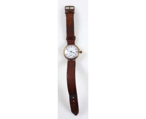 Presentation gold wristwatch with a circular white enamelled dial and seconds dial, the back with inscription ?Presented to B