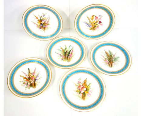 A set of 6 Royal Worcester porcelain botanical plates, circa 1870, each painted with meadow flowers with turquoise jewelled b