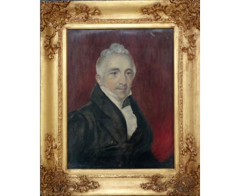 19th Century English School ?Portrait of a Gentleman wearing a black coat and white cravat, head and shoulders, watercolour a