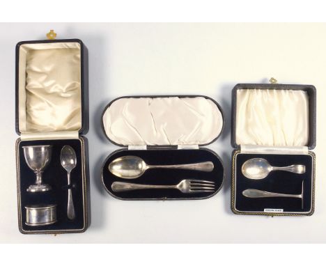 George V silver Christening set comprising napkin ring, egg cup and spoon, by A P &amp; Co, Birmingham 1931, spoon and pusher