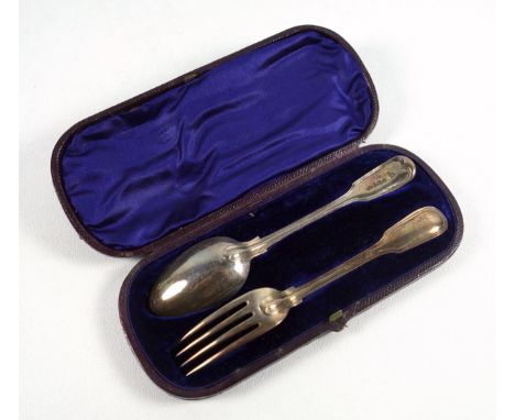 Victorian silver Christening Fiddle and Thread pattern set of a fork and spoon, each with a monogram, by Henry and Henry Lias