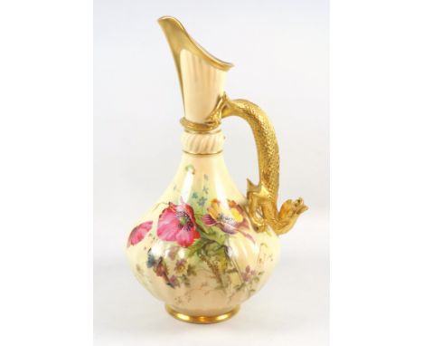 Royal Worcester porcelain blush ivory lizard ewer, pattern number 1463, Rd. No. 150711, dated 1892, initialled ER (Edward Rab