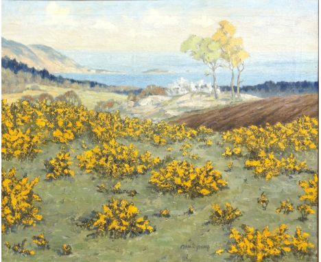 Mabel Young (British, 1889-1974) An expansive seascape with gorse bushes in the foreground, trees and headland in the distanc