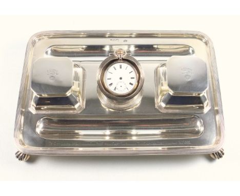 Regimental interest: Edwardian silver presentation rectangular inkstand with 2 reeded square wells with glass liners flanking