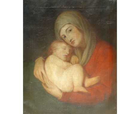 English School, 19th century, portrait of the Madonna and Child, half length, oil on canvas, 59.5 x 49.5cm, in a gilt moulded