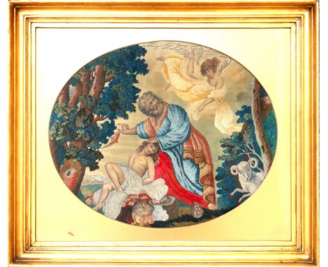 A Regency religious silk, stump, needlework and watercolour oval panel, ''The Binding of Isaac'' - depicting Abraham, Isaac, 
