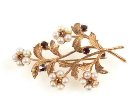 9ct. gold seed pearl and garnet floral brooch by R J Ltd. London, 1961, L 5.5cm, gross 9.9grs 