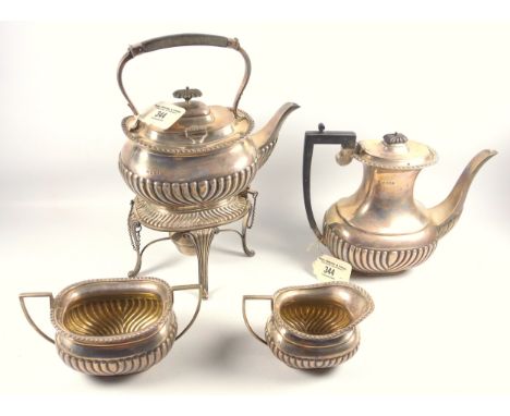 George V silver 4 piece coffee set comprising an oval baluster coffee pot with semi-fluted decoration and gadrooned rim, H  2