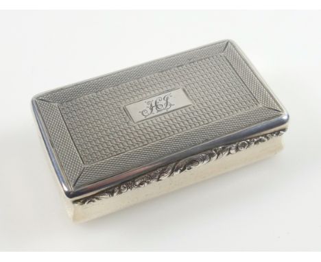 George IV silver rectangular snuff box with engine turned decoration, floral front to hinged cover with monogram ?HJ? and gil