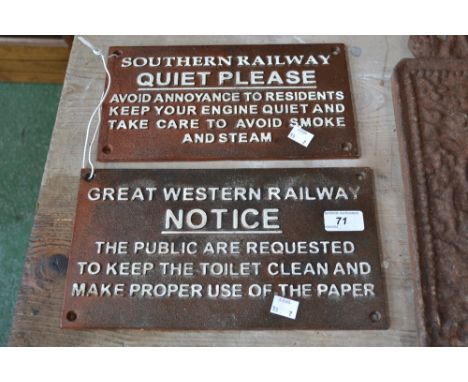 Two cast iron signs - Great Western Railway Notice. The public are requested to keep the toilet clean and make proper use of 