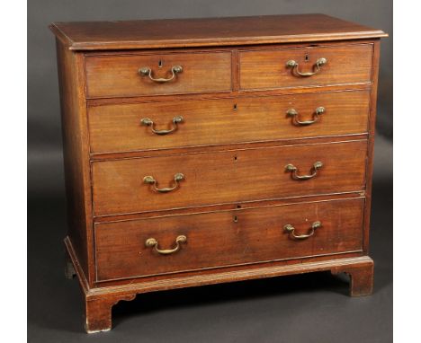 A George III mahogany rectangular chest, moulded top above two short and three long graduated cockbeaded drawers, brass swan 