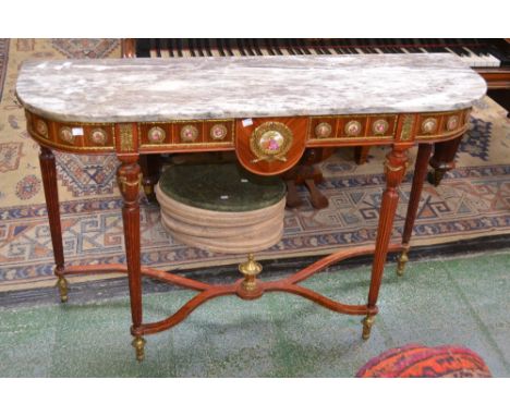 A Louis XVI reproduction console table, D shaped variegated grey marble top, deep frieze applied with gilt metal and enamel p