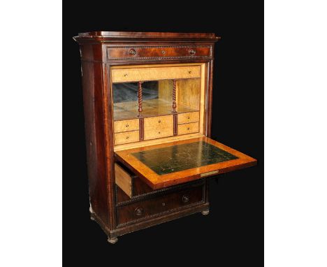 A  Biedermeier mahogany secretaire abattant, rounded rectangular caddy top above a frieze drawer, fall front enclosing a mapl