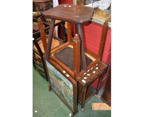 An oak three legged stool; an oak dropleaf tea trolley; a woolwork fire screen; a stool; two dining chairs (6)