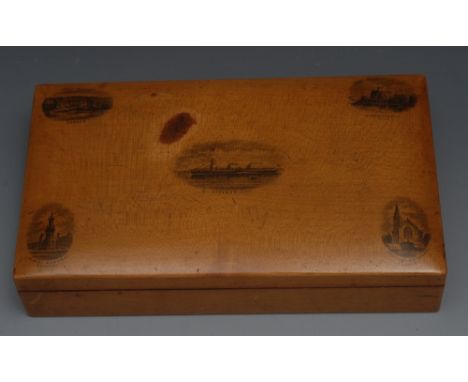 A Scottish Mauchline ware rectangular playing card box, the hinged cover transfer printed with named views of Steamer, Iona, 