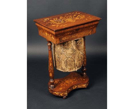 A 19th century Dutch mahogany and marquetry rectangular work table, hinged top inlaid with a flowering urn outlined by cheque