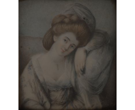 English School (early 19th century), a portrait miniature, of a lady, draped provocatively, her shawl tied loosely with a blu