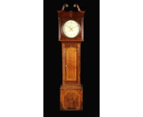 A George III oak longcase clock, 33cm rounded painted dial, inscribed T Bell, 30 hour movement, striking on a bell, the hood 