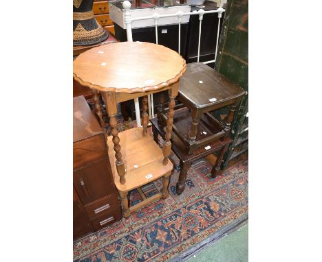 A 1930/40's oak occasional table, scallop edge circular top, bobbin turned supports; three other occasional tables (4)