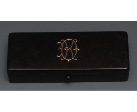 A late 19th century gold coloured metal mounted rectangular pin or trinket box, spring-loaded hinged cover, 11cm wide, c.1900