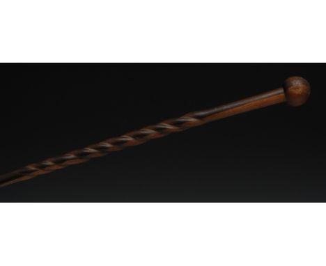 Tribal Art - a Zulu Chief's two-tone status stick, globular head, the shaft with a broad spirally wrythen band, 90cm long, c.