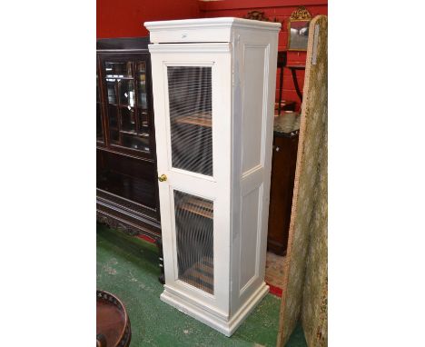 A 19th/20th century white painted narrow single door cabinet, mesh panels, shelf interior 