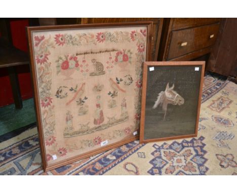 Embroidered sampler 19th century , Esther Mary Harrar's work aged 14 years, floral border and country scene, framed (2)