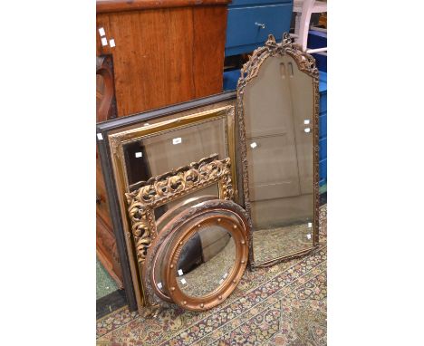 A rectangular bevelled wall mirror, gilt painted frame; another full length wall mirror, ribbon tied frame; a circular convex