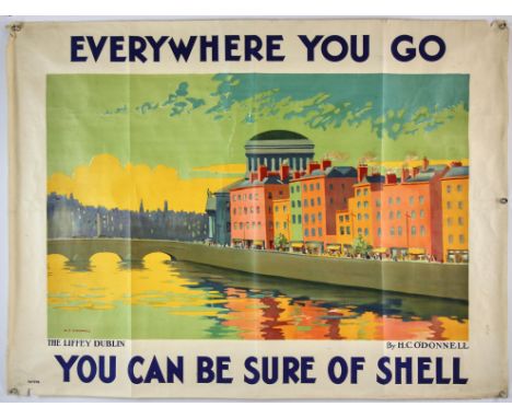 Everywhere You Go You can be sure of Shell - Vintage advertising poster, The Liffey Dublin, artwork by HC O'Donnell, folded, 