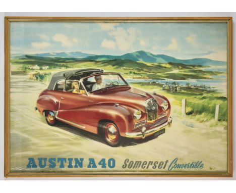 Austin A40 Somerset Convertible  - Vintage advertising poster, circa 1952, artwork by Johnston, Printed in England, framed an