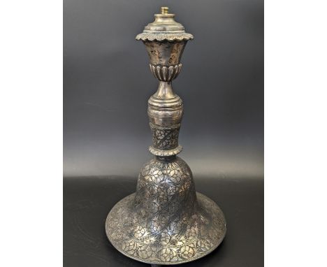 A fine 18-19th century Indian Bidri huqqa with a silver top ( converted into a lamp ), H.28cm