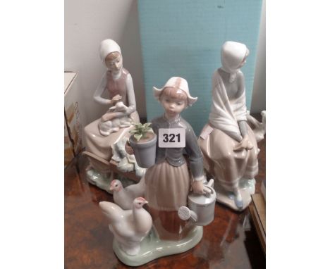 Lladro figure of a woman seated with Goat, Lladro figure of girl with watering can and Chicken and seated Lladro