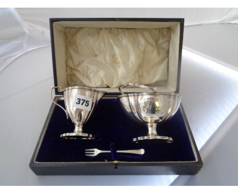 Cased Silver Creamer and Sucrier with Fluted design and sugar fork Birmingham 1906 by Makers Levi & Salaman 156g total weight