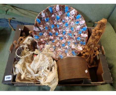 Copper Fluted Dish with applied decoration, Oak cased mantel clock and assorted bygones