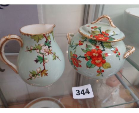 19thC Worcester bird spout floral decorated cream Jug and Floral decorated Worcester two handled Sucrier