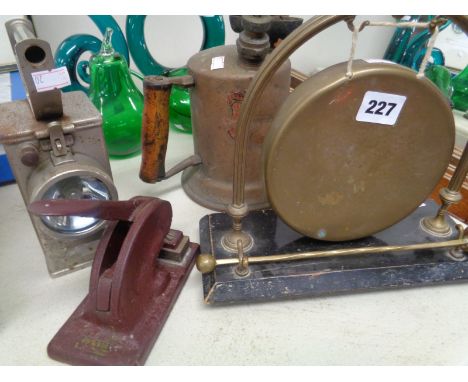 Late 19thC Brass table dinner gong, vintage Brass Blow Lamp and assorted bygones